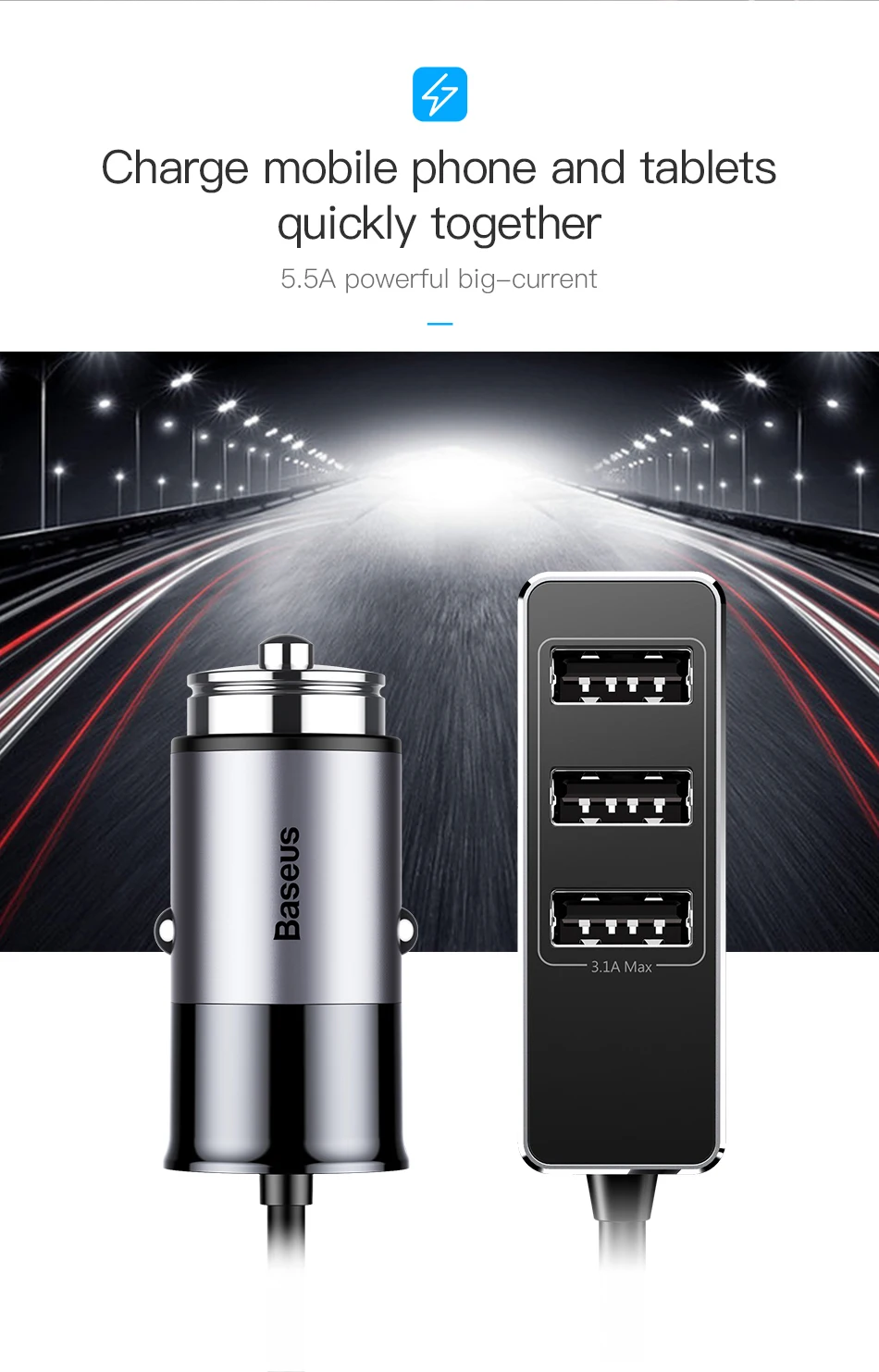 Baseus мульти 4 порта USB Автомобильное зарядное устройство несколько 5.5A турбо Быстрая автомобильная зарядка USB зарядное устройство для iPhone X samsung Xiaomi Мобильный телефон
