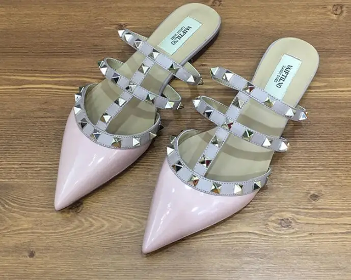 light pink shiny V/Брендовая обувь женские плоские тапочки черные туфли из лакированной кожи телесного цвета на плоской подошве женские сандалии на плоской подошве из натуральной кожи с заклепками 34-43, красная коробка - Цвет: light pink shiny