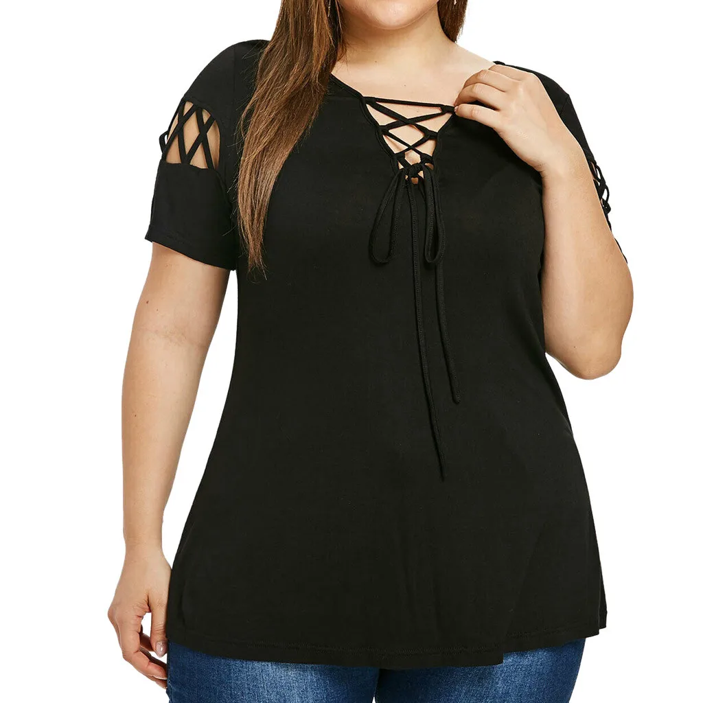 

Fashion Womens Casual Hollow out Shirt Solid V-Neck Short Sleeves Bandage Tops