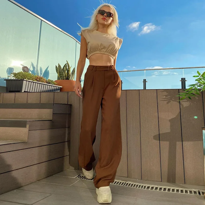

2021 Euro-America Style Summer New Women's Fashion Vintage Solid High Waisted Slim-fit DDrooping Sensation Straight Suit Pants
