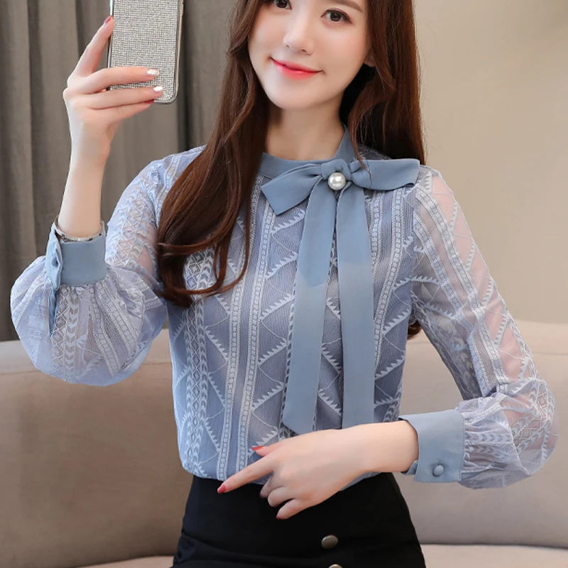 

Кружевная блузка, рубашка, новинка 2021, Прозрачная женская одежда с длинным рукавом, топ с круглым вырезом и бантом, Свободная шифоновая руба...