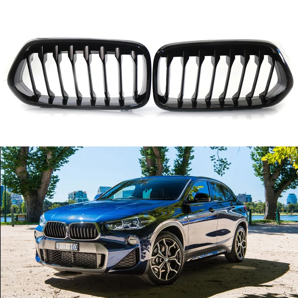 

2pcs/set Car Racing Grills Decoration Auto Exterior Replacement Accessories For BMW X2 F39 Bright Black Single Line Center Grid