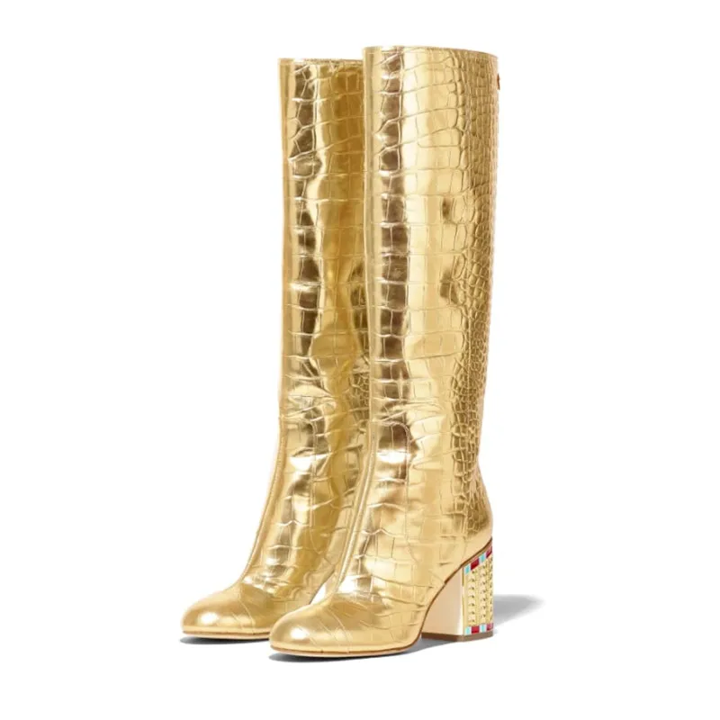 Gold Long Boots Новинка года; золотистые сапоги до колена; женские сапоги на высоком каблуке с острым носком, стразы смешанного цвета, Украшенные бусинами; женская обувь для подиума; женские ботильоны - Цвет: Gold Long Boots