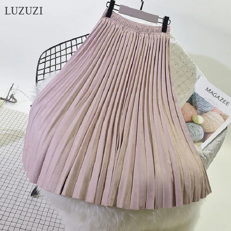 LUZUZI Осень Зима Новая корейская бархатная плиссированная юбка замша длинная