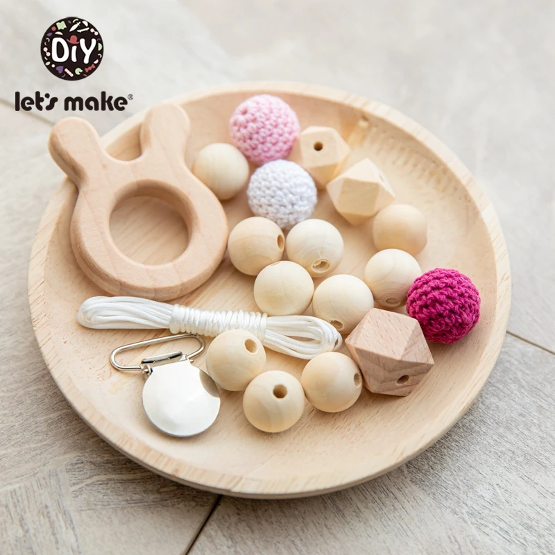 Let's Make-Juego de sonajeros para beb&eacute;, Clip de chupete Diy, cuentas de silicona para dentici&oacute;n de beb&eacute;, traje libre de Bpa, cuentas de madera de ganchillo, mordedor para beb&eacute;-5