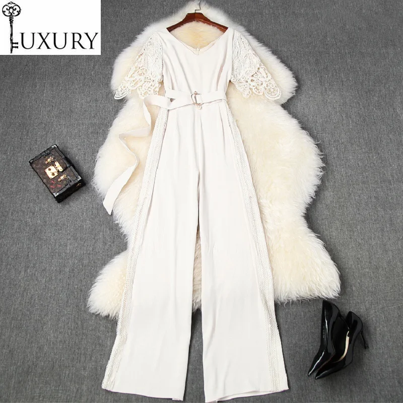 Jumpsuits Fashion 2020 Summer High Quality Women V-Neck Hollow Out Lace Embroidery Ring Belt Deco Full Length Jumpsuit Rompers