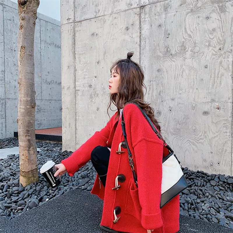 Sweater Cardigan Women's Loose Solid Color Long Sleeve Horn Buckle Spring and Autumn 2019 New Knitted Woolen Jacket Top |