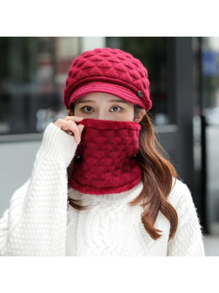 Женская зимняя шапка вязаная с козырьком круглый шарф плюшевой подкладкой A0NF 2