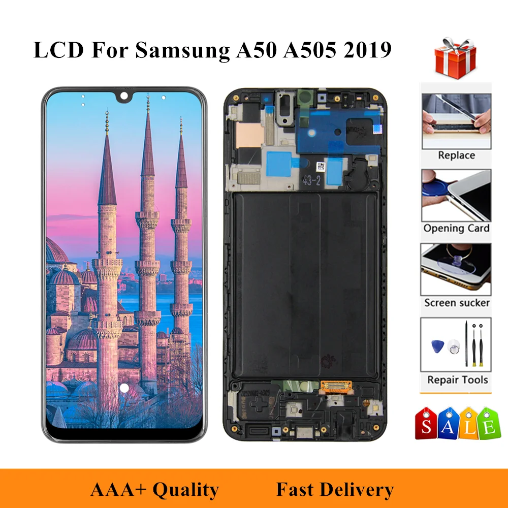 

For Samsung Galaxy A50 2019 A505 A505F SM-A505FN/DS A505G A505G/DS A505U LCD Display Touch Screen Digitizer Assembly With Frame