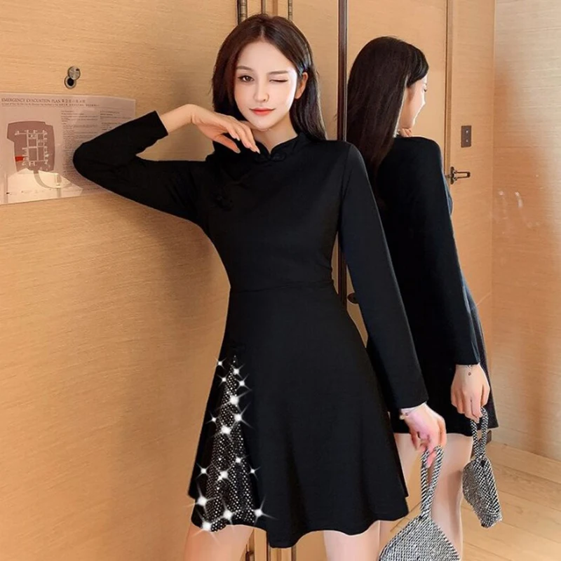 

Spring Autumn Women's Dress Korean Splicing Improved Version Cheongsam Long Sleeve Dress New Slim Short A-line Dresses LL669