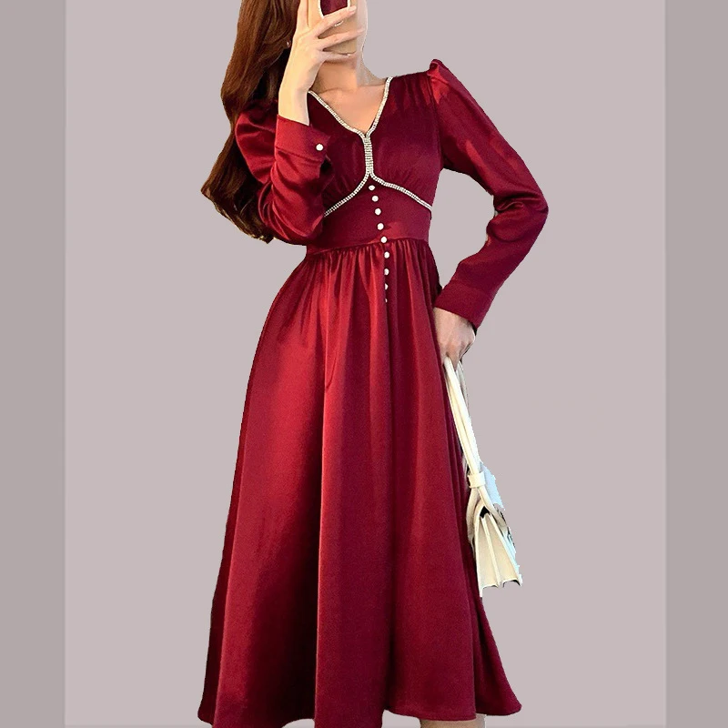 

2021 Spring Fashion Wine Red Waist, Slim And Retro Dress
