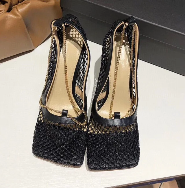 Сандалии Fujin женские с квадратным носком пикантные сетчатые босоножки на высоком