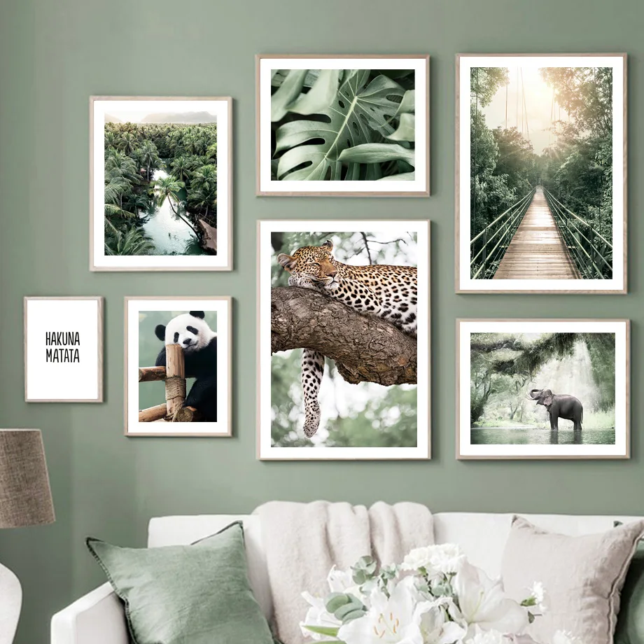 

Palm Forest Jungle Leopard Elephant Panda Bridge Nordic Poster Wall Art Print Canvas Painting Wall Picture For Living Room Decor