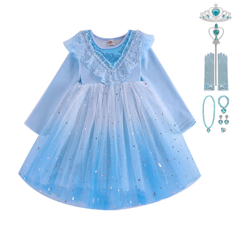 Blue Gradient Color Elsa Dress For Kids Princess Fancy Outfits New Cartoon Movie Role Costumes Halloween Christmas Party Sets | Детская