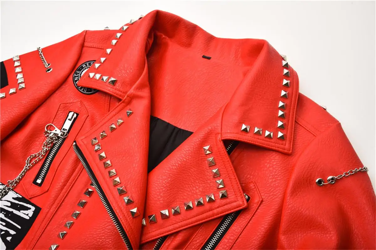 2021 new motorcycle leather jacket short metal chain decoration rivet jacket pu coat women