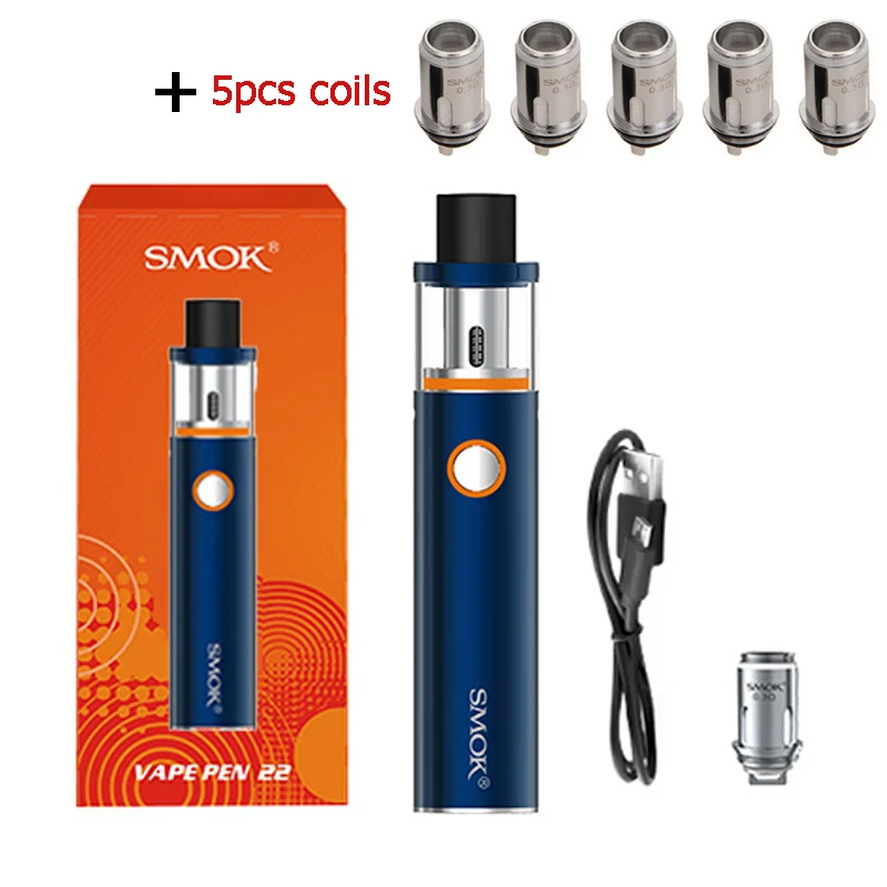 Smok Vape Pen 22 комплект со встроенным аккумулятором 1650 мАч Vape Pen 22 резервуар Ом двухъядерный светодиодный электронная сигарета испаритель - Цвет: Blue and 5 coils