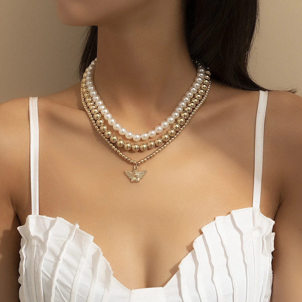 

2021 New Women's Fashion Pearl Set Wing Necklace Women's Retro Simple Alloy Jewelry CCB Bead Necklace Wedding Party Necklace