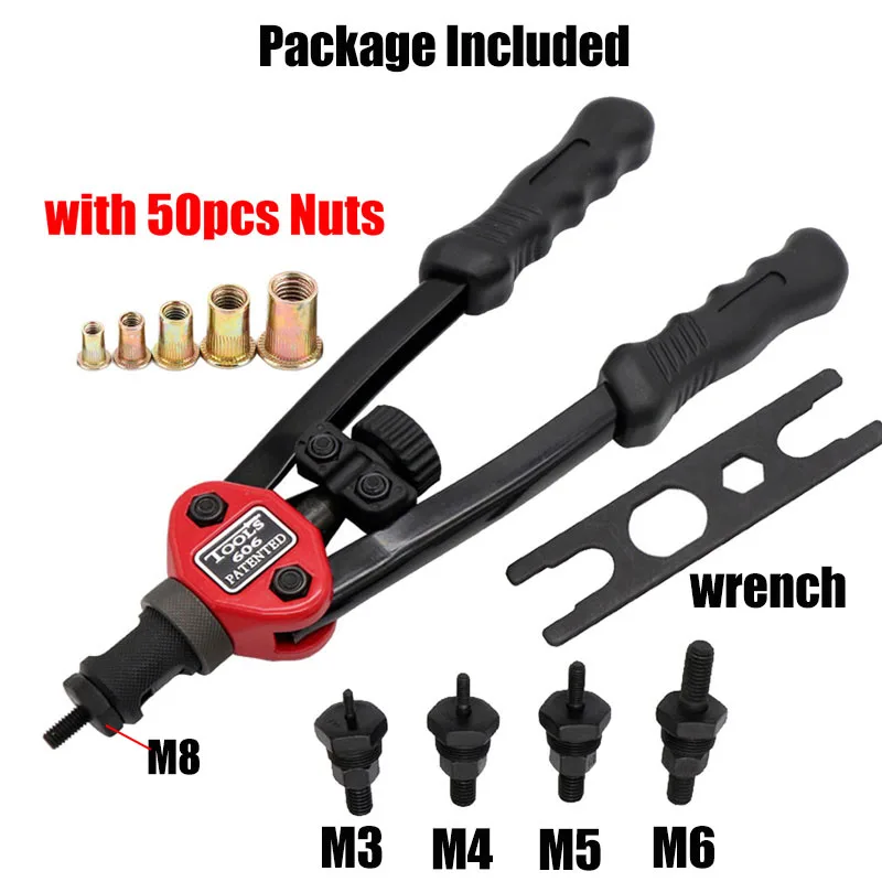 

Hand Threaded Rivet Nuts Guns with Nuts 605 606 Double Insert Manual Riveter Riveting Rivnut Tool for M3/M4/M5/M6/M8/M10 Nut