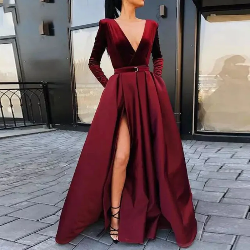 

A Line Deep V Neck Long Sleeves Burgundy Evening Dresses Long Style Sexy Side Split Formal Lady Dress With Pockets YSAN1166