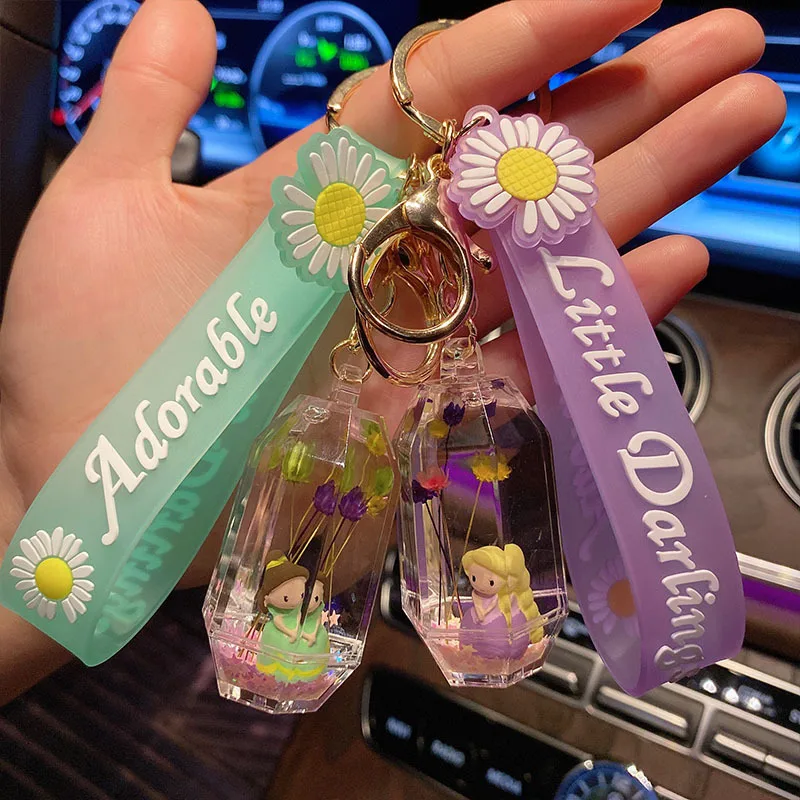 Cartoon Princess Doll Keyring Transparent Liquid Floating Keychains Leather Cord Car Key Chains Pendant Cute Bag Keyfob Ornament | Украшения