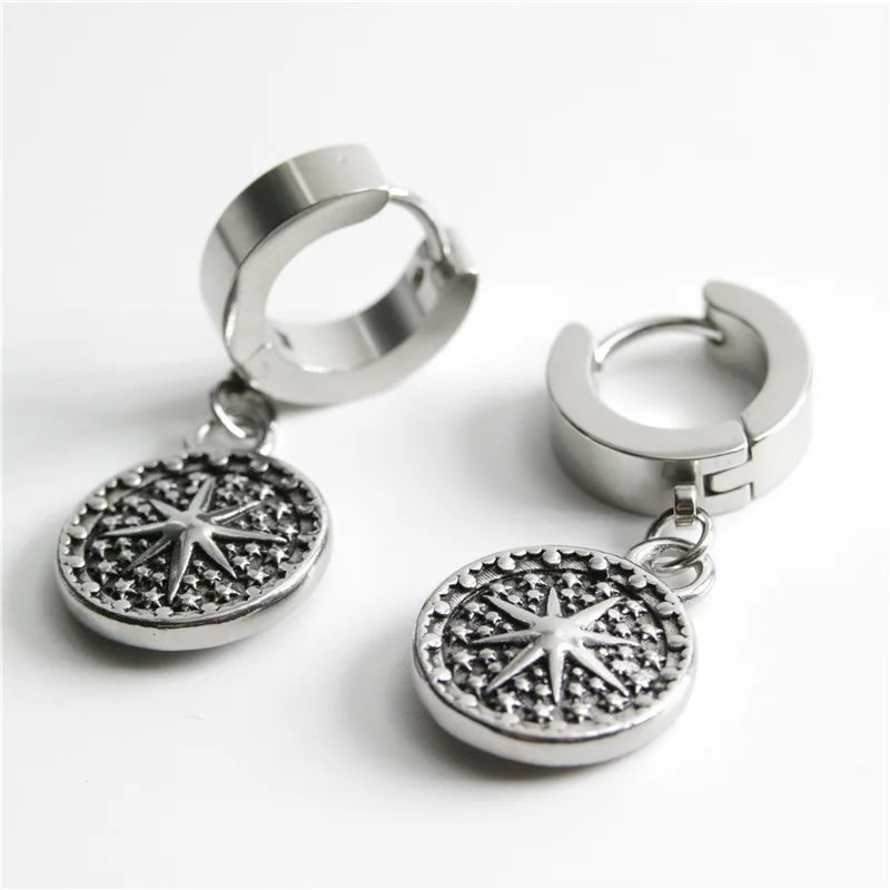 

Simple Personality Star Round Cake Earrings Stainless Steel Silver Color Earrings Men's Women's Fashion Hip Hop Party Jewelry