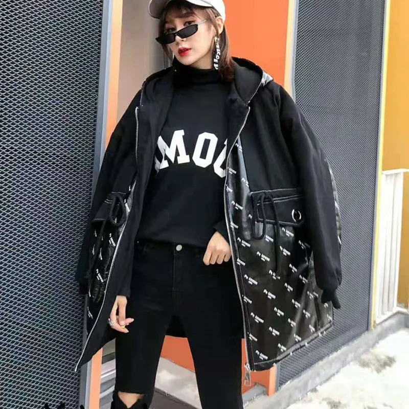 

Tide brand women's cotton clothing 2019 winter new coat loose fashion thick PU leather stitching hooded cotton coat women