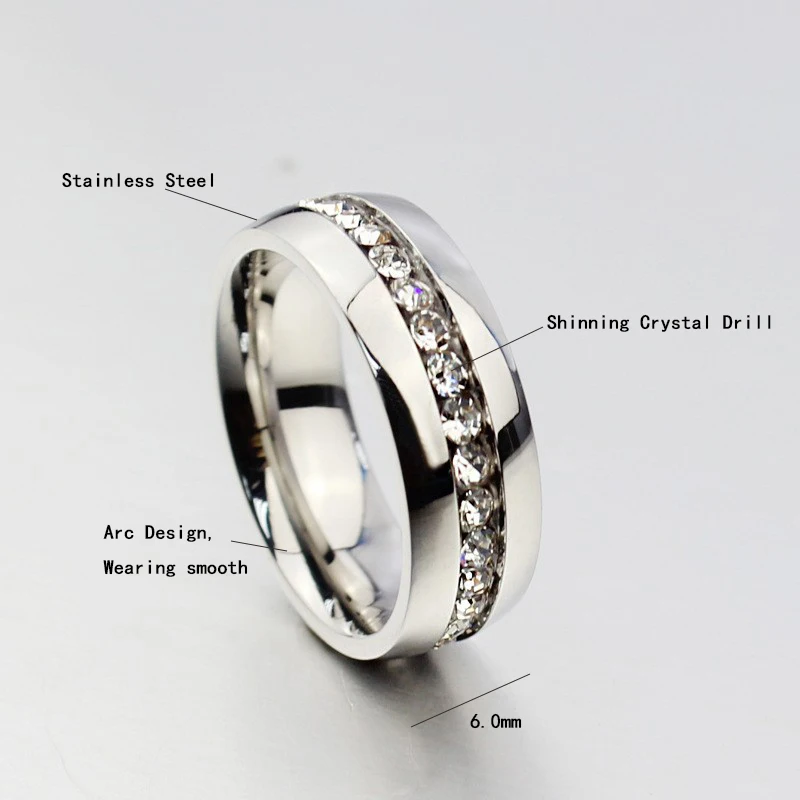 Обручальное кольцо из нержавеющей стали для женщин и мужчин титана 6 мм|crystal wedding
