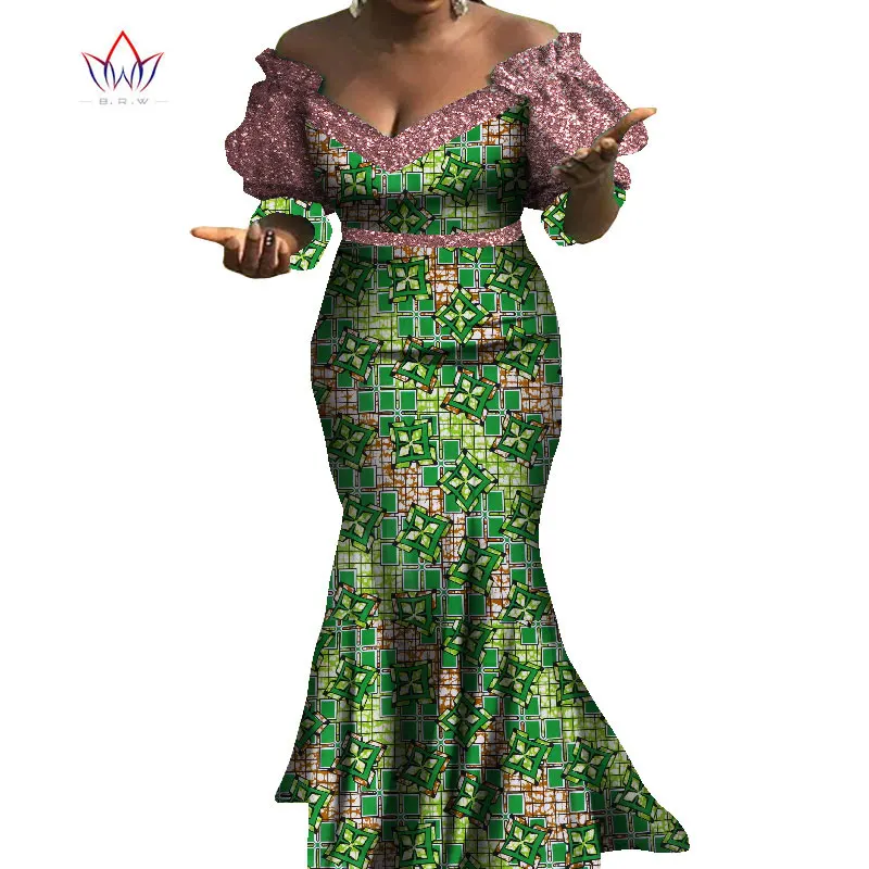 African Dresses For Women Bazin Riche Style Femme African Clothes Graceful Lady Print Wax Plus Size Party Mermaid Dress WY8103