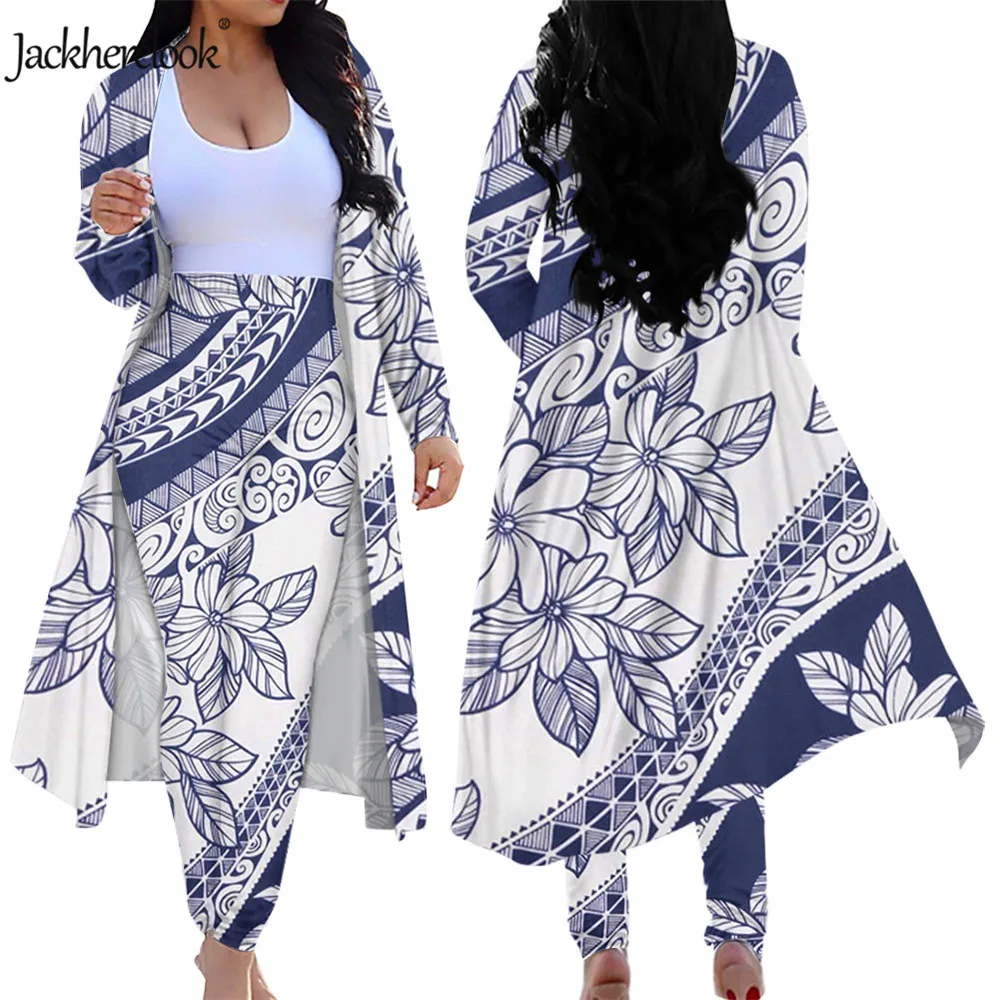 

Jackherelook African Floral Polynesian Plumeria Flower Print Plus Size 2 Piece Long Cardigan Tight Skinny Bodycon Pants Suit