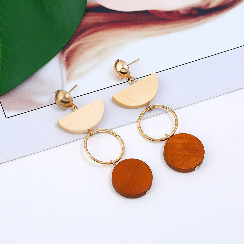 

Fashion Geometric Semicircle Circle Dangle Earrings Metal Hollow Round Red Wood Long Drop Earrings For Women Party Gifts