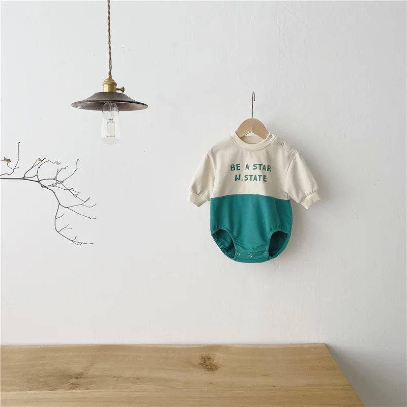 

7170 Newbron Kids Clothes Color Matching Letter Print Baby Girl Romper Long Sleeve Baby Boys One-piece Clothes Outfits