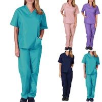 1 set nurse top pants set solid color elasticity unisex v neck pockets quick dry uniforms for working nurse top pants set