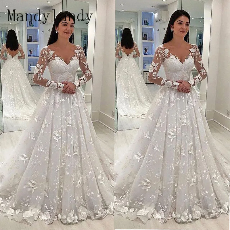 

Mandylandy Women's Lace Hollow Out Mermaid Wedding Party Evening Dress Ladies Elegant Long Sleeve V Neck High Waist Prom Gown