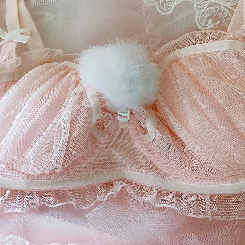Women Japanese Underwear Suit Cute Hairball Rabbit Tail Pink Girls Student Sweet Kawaii Sexy Lace Ultra-Thin Bra & Panties Set