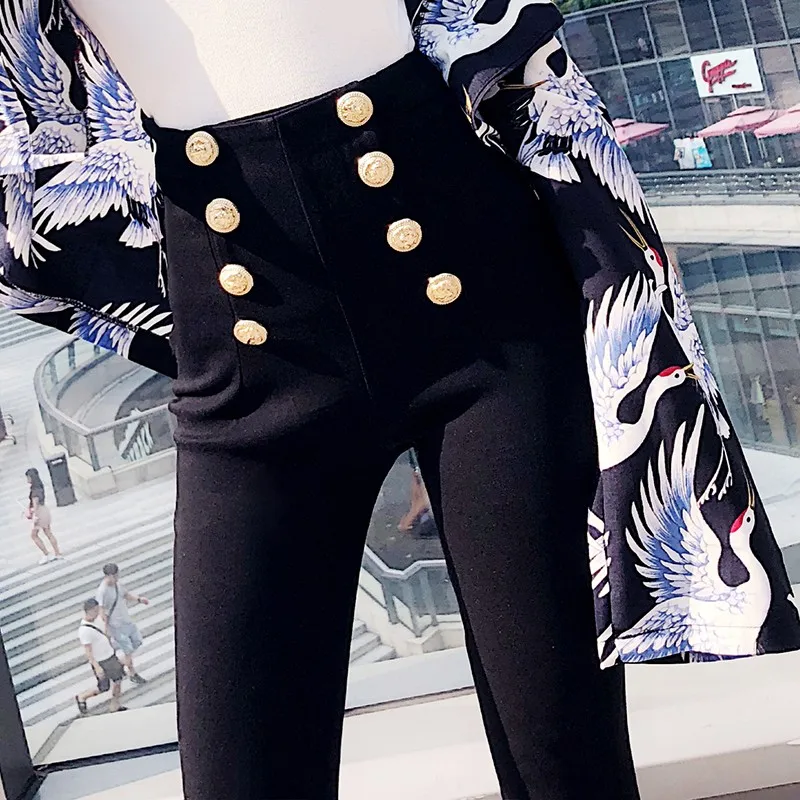 

Autumn Winter Women Double Breasted Trousers OL Style High Waist Skinny Black Pencil Pants High Street Office Lady Pants S-XL