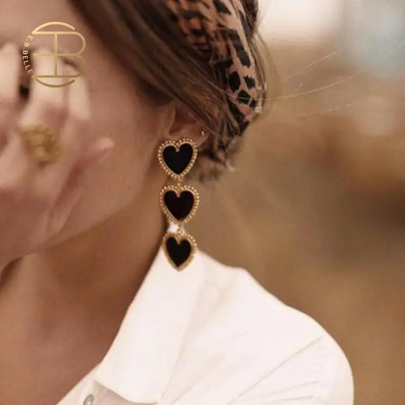 

2019 New Design Three Heart Chain Long Dangle Earrings For Women Red Black White Heart Statement Earring Gold Enamel Earring