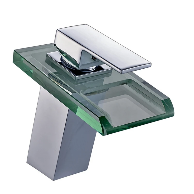 

LED Basin Faucet Brass Waterfall Temperature Colors Change Bathroom Mixer Tap Deck Mounted Wash Sink Glass Taps