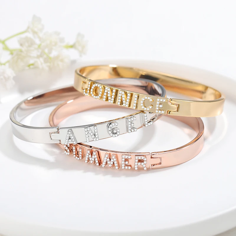 

Copper Custom Name Bangle For Women Trendy Pave Full Cubic Zirconia Iced Out Letter Bracelet Female Personalized Gift Jewelry