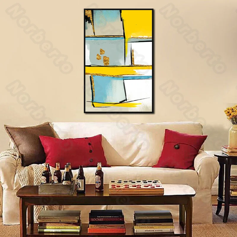 

Modern Watercolor Pictures Style Canvas Painting Wall Poster Yellow Golden Blue Grey Colors Mixture for Home Rooms Wall Decorati