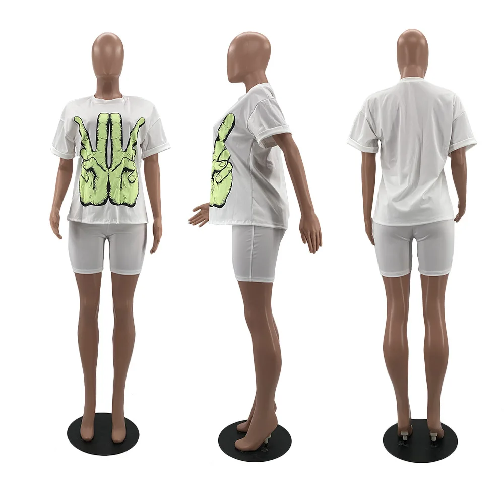

Sport Suit Print T Shirt And Shorts Set Tracksuit Set Jogger two piece outfit women biker shorts sets night club wear