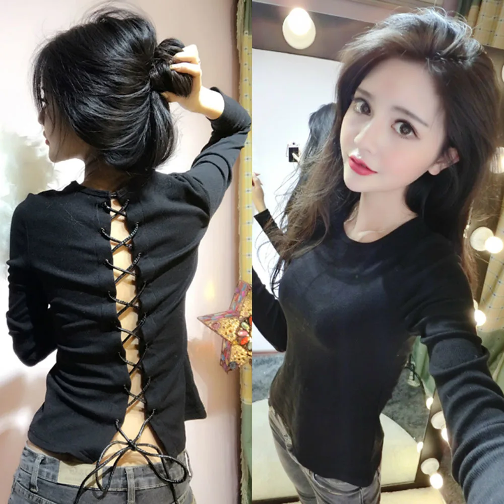 

2021 Spring And Autumn New Women's Sexy Backless Lace-up Long-sleeve Tight T-shirt Fashion Bottoming Shirt Solid Color Top