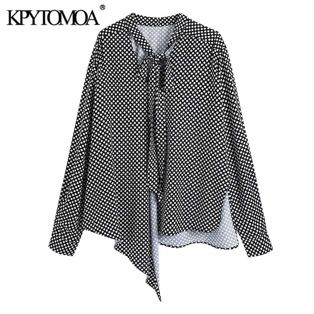 

Женская Асимметричная блузка KPYTOMOA, свободная ажурная блузка в горошек с длинным рукавом и бантом на воротнике, 2021