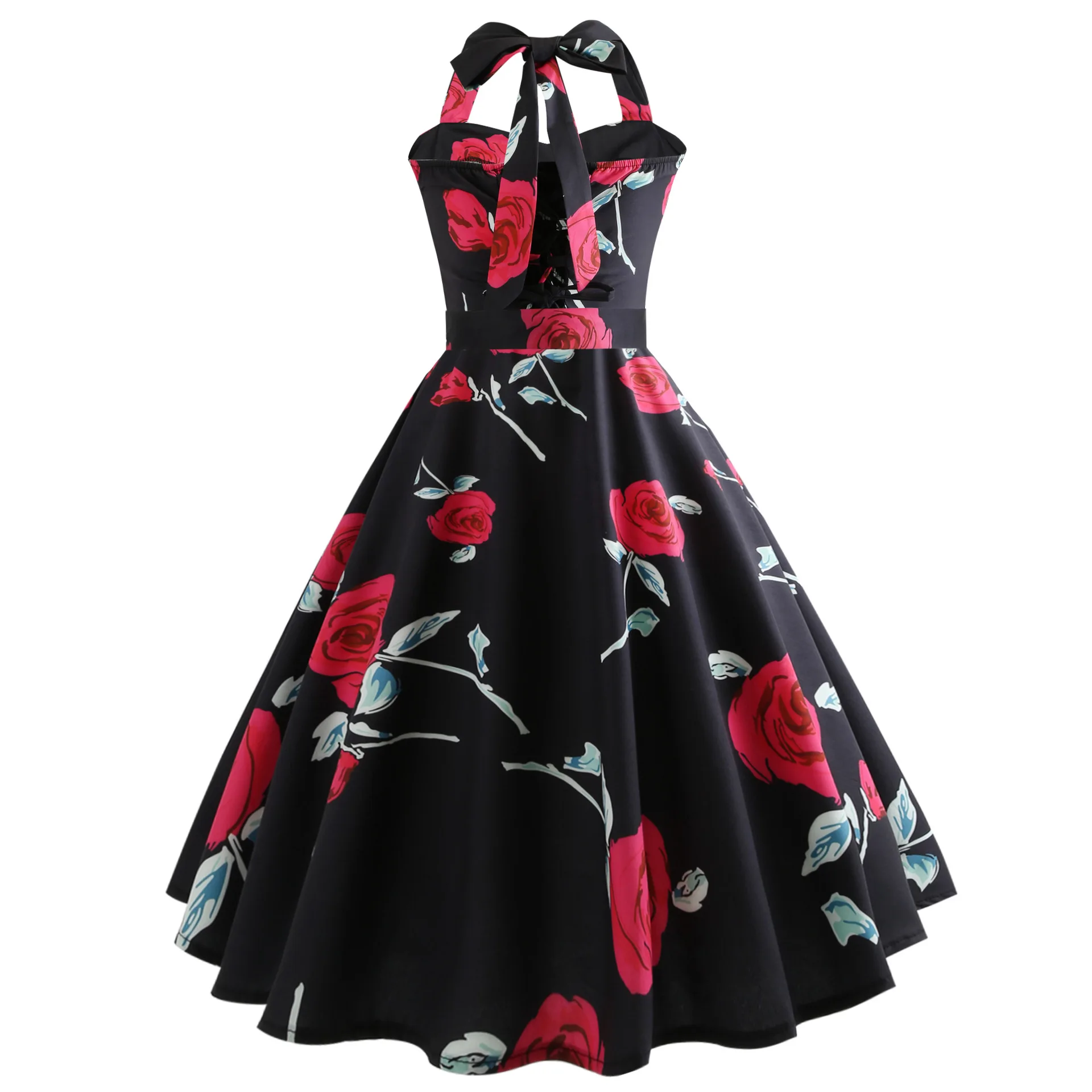 Женское винтажное платье без рукавов белое с цветочным принтом лямкой на шее