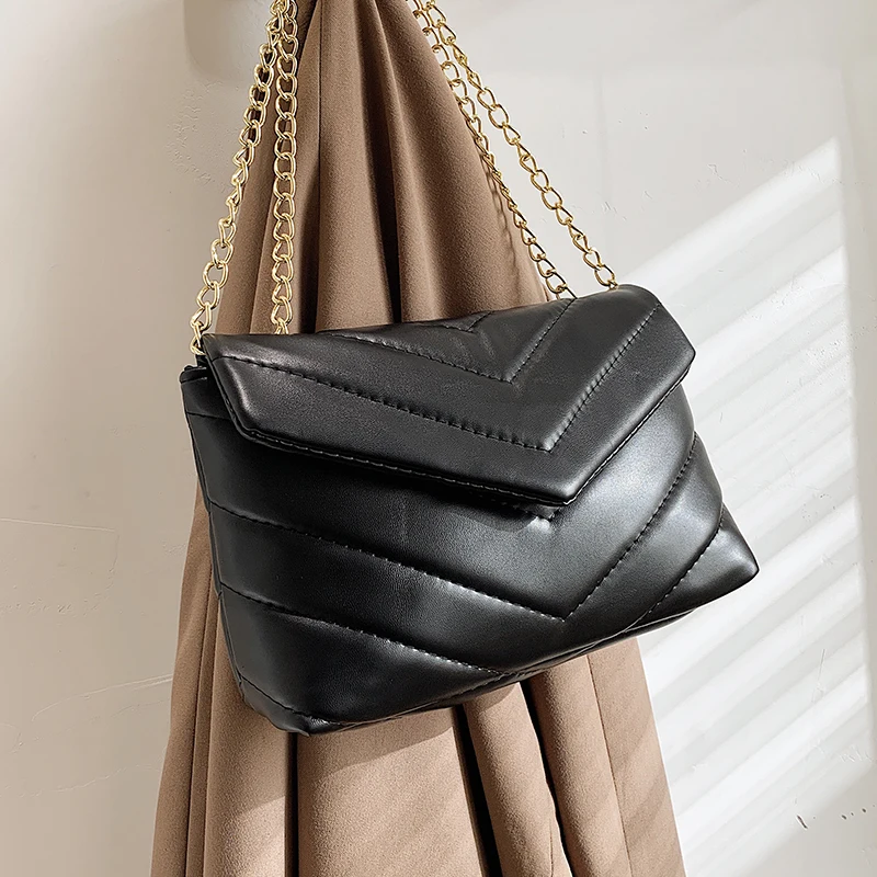 

Basics High Quality Chevron Women's Flap Shoulder Bag Black PU Leather Crossbody Bags for Women 2021 Chain Handbag Purse