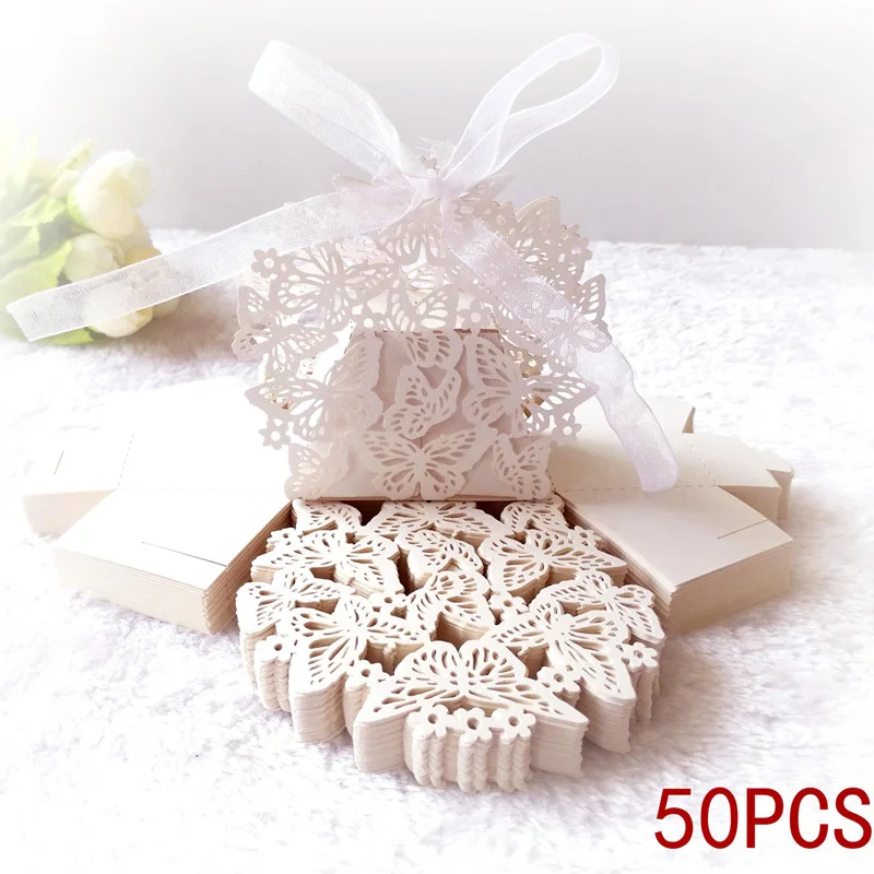 

50pcs Butterfly Candy Box Chocolate Gift Boxes With Ribbon for Baby Shower Birthday Valentine's Day Wedding Party Supplies