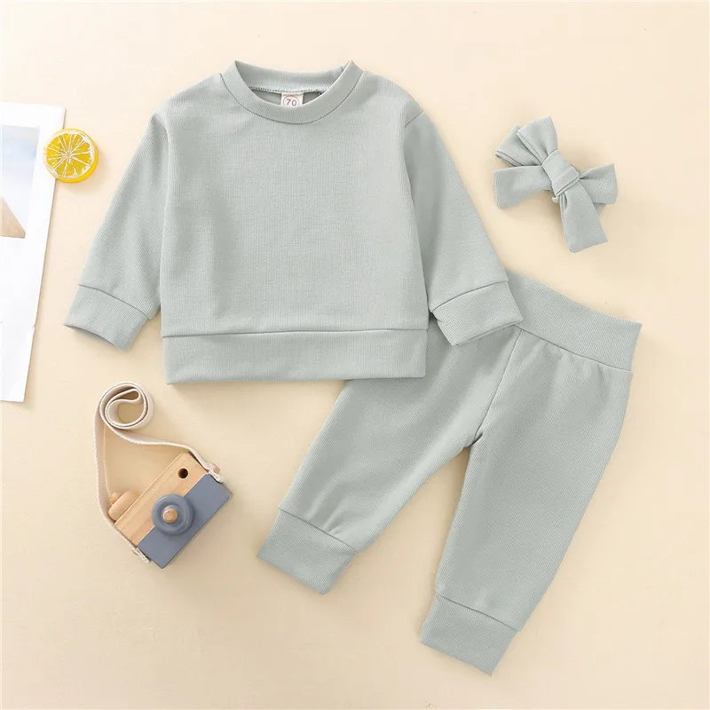 

Autumn Newborn Baby Girl Boy Long Sleeve Trousers Clothes Sets Solid Color Loose T-shirt Sweatshirt Elastic Long Pants Headband