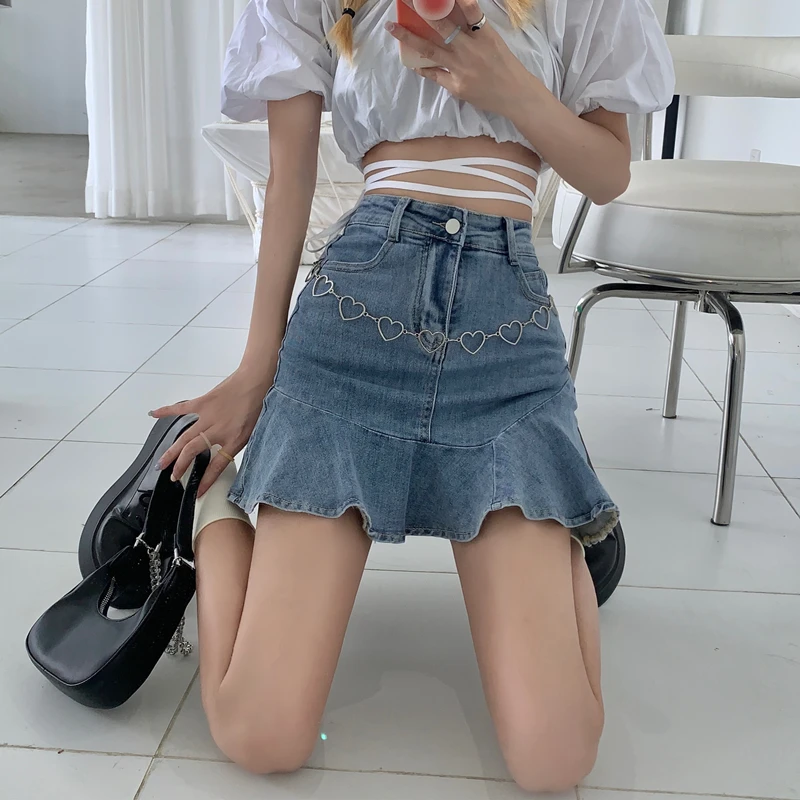 

Skirt Blue Fishtail Skirt Ruffled Denim Skirt Female Summer New Style Korean High Waist A-line Skirt