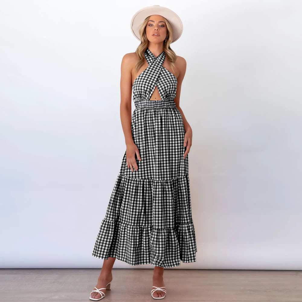 

The New Women's Summer Dress 2022 Sexy Woman Backless Plaid Lace-Up Hanging Neck Frocks For Plus Size Elegant Casual Long Tunics