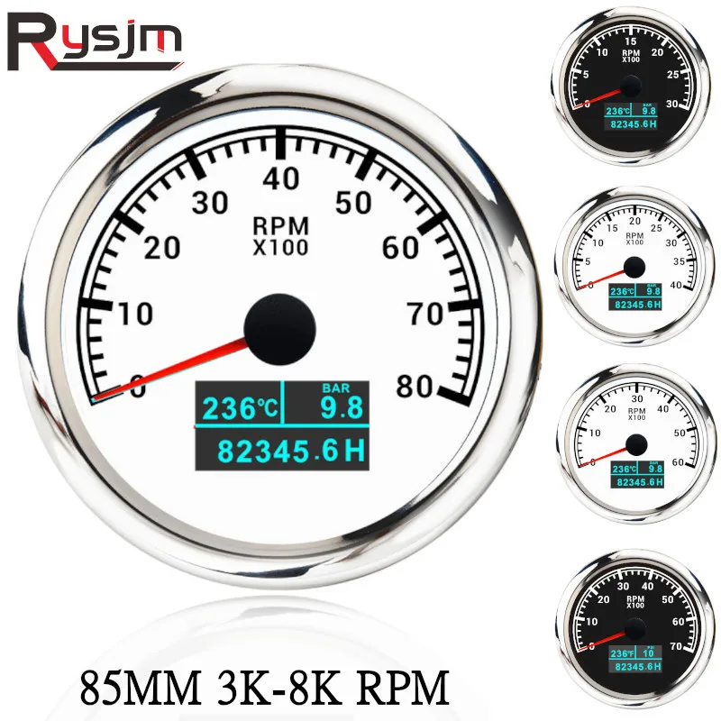 

85mm 3 in 1 Digital Boat Tachometer Gauge 3000/4000/6000/8000 RPM Tacho meter With Oil Pressure Hours Water Temp for car truck