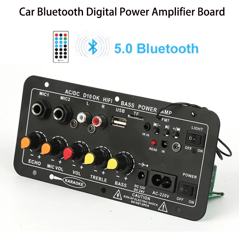 

Цифровая Bluetooth стереоплата с сабвуфером, 220 В, 12 В, 24 В переменного тока, двойной микрофон, усилители для караоке, для колонок 8-12 дюймов, станда...